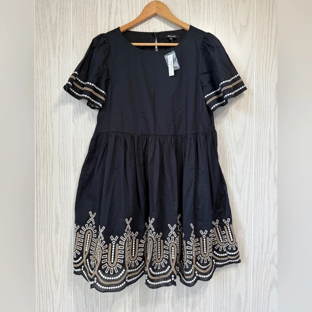 Madewell Embroidered Eyelet Puff Sleeve Mini Dress Black Size XS NWT